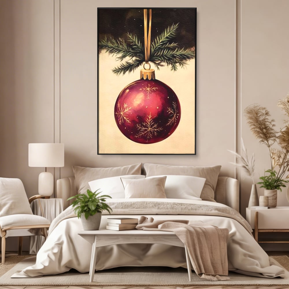 Tablou canvas cu tablou canvas cu glob de craciun visiniu, in rama de aluminiu negru, pe perete intr-un dormitor